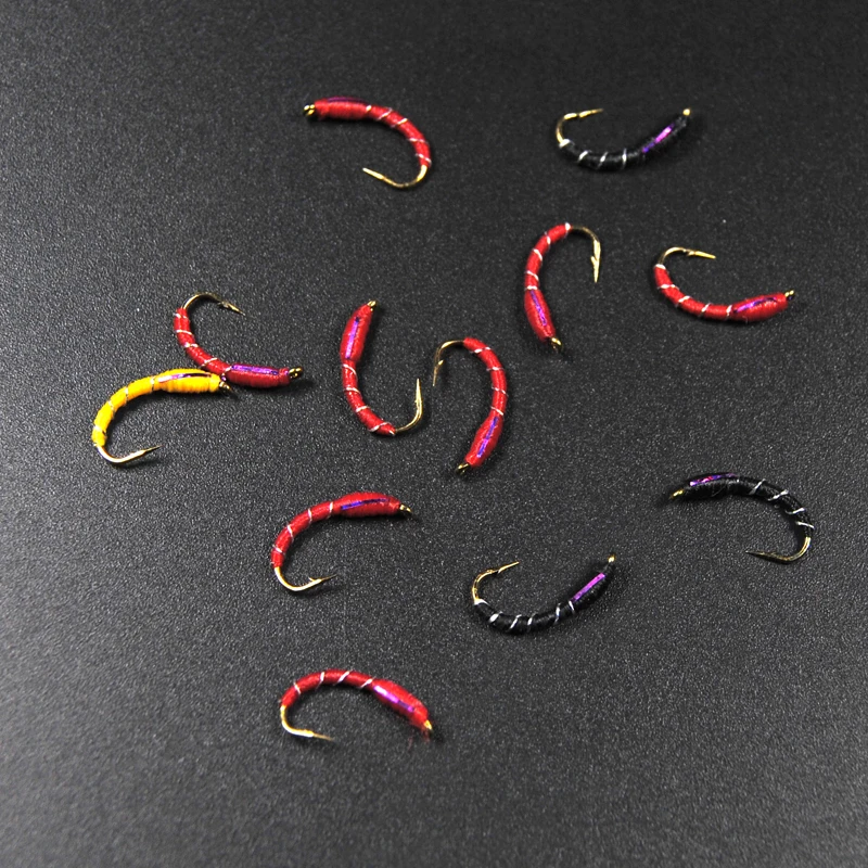 [12 шт.] 12# Caddis Larva Chironomid Midge Pupa зуммер Зебра Нимфа форель Мухи нахлыстом рыболовный крючок черный красный оранжевый