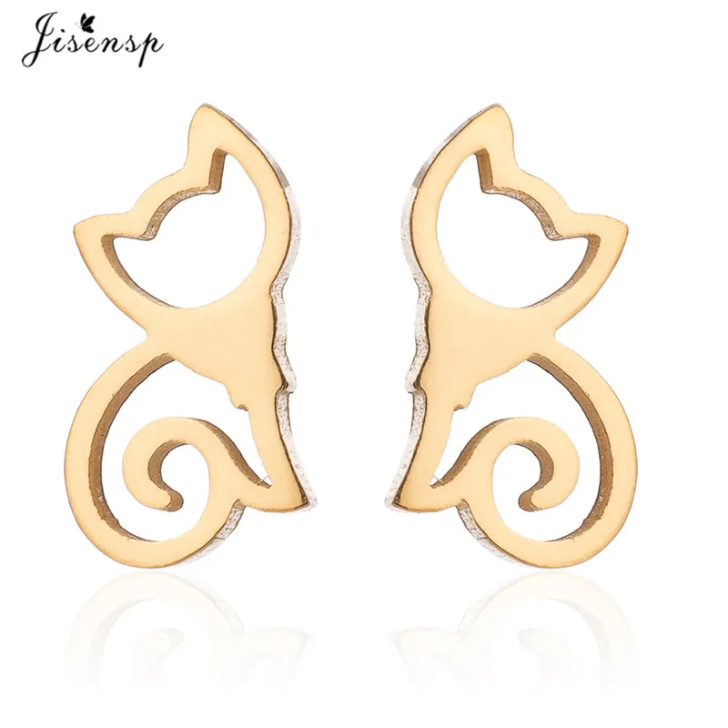 earrings gold Jisensp классические асимметричные серьги-гвоздики с животными для девочек с милым рисунком кота и мышки, детские ювелирные изделия, подарок - Окраска металла: earrings gold