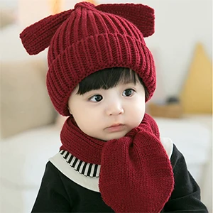 Wine Red Set Милый розовый зимний шерстяной детский комплект с изображением щенка, шапка и шарф, теплый хлопковый шарф для маленьких мальчиков и девочек, шапка, очаровательные детские кепки, шапки - Цвет: Wine Red Set