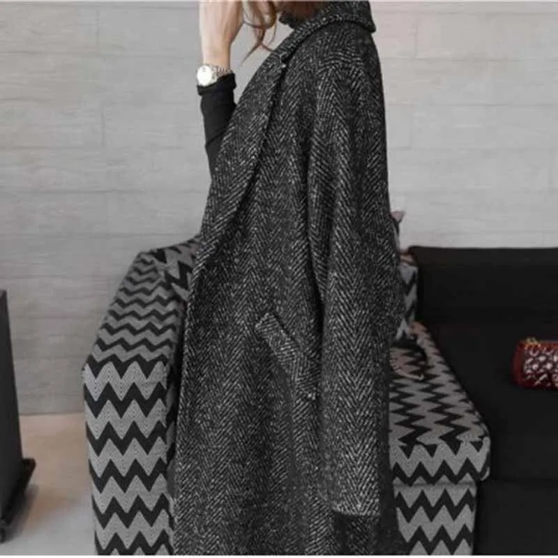 

2019 Fashion Autumn Winter Woolen Coat Women Large size Long Outerwear Female Split Hem Sashes Woolen Jackets Basic Coats G249