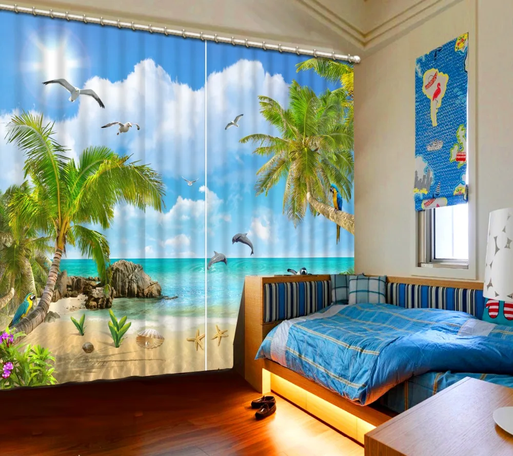 

3D Landscape Curtains Blue sky White Clouds Coconut Tree Dolphins Home Decor Living Room Bedroom Kitchen Custom 3d Curtains