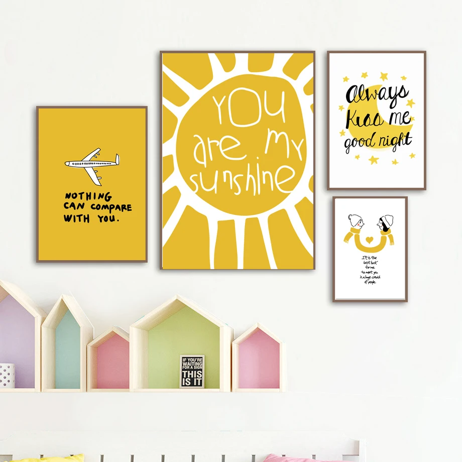 

Cartoon Airplane Sunshine Quotes Girl Boy Nordic Posters And Prints Wall Art Canvas Painting Wall Pictures Baby Kids Room Decor