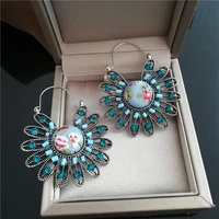 ajojewel blue stone sunflower bohemian earrings vintage jewelry exaggerated big flower circle drop earrings for women retro