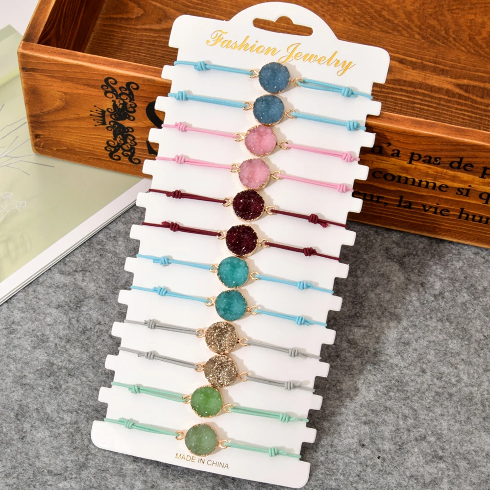 

12pcs/set Handmade Woven Rope Chain Bracelet Set Exquisite Round Druzy Charms Bracelets for Women Fashion Elastic Cuff Jewelry