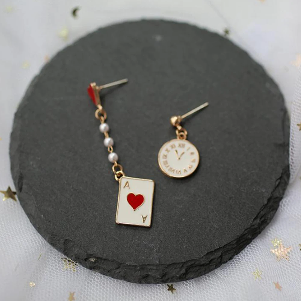 Chic Poker Clock Heart Charm Faux Pearl Asymmetrical Stud Earring Women Jewelry Asymmetric Design Of Alloy Artificial Bead | Украшения и