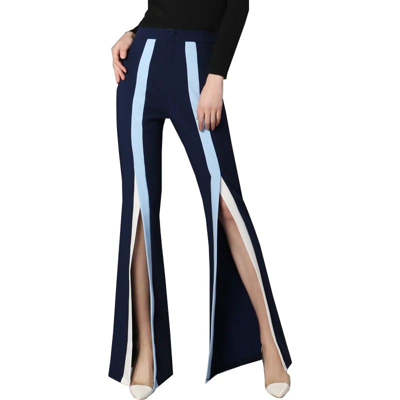 

2018 Spring New Women Wide Leg Pants Fashion Stripe Split Bell Bottom Pants High Waist Boot Cut Trousers Flare Trousers