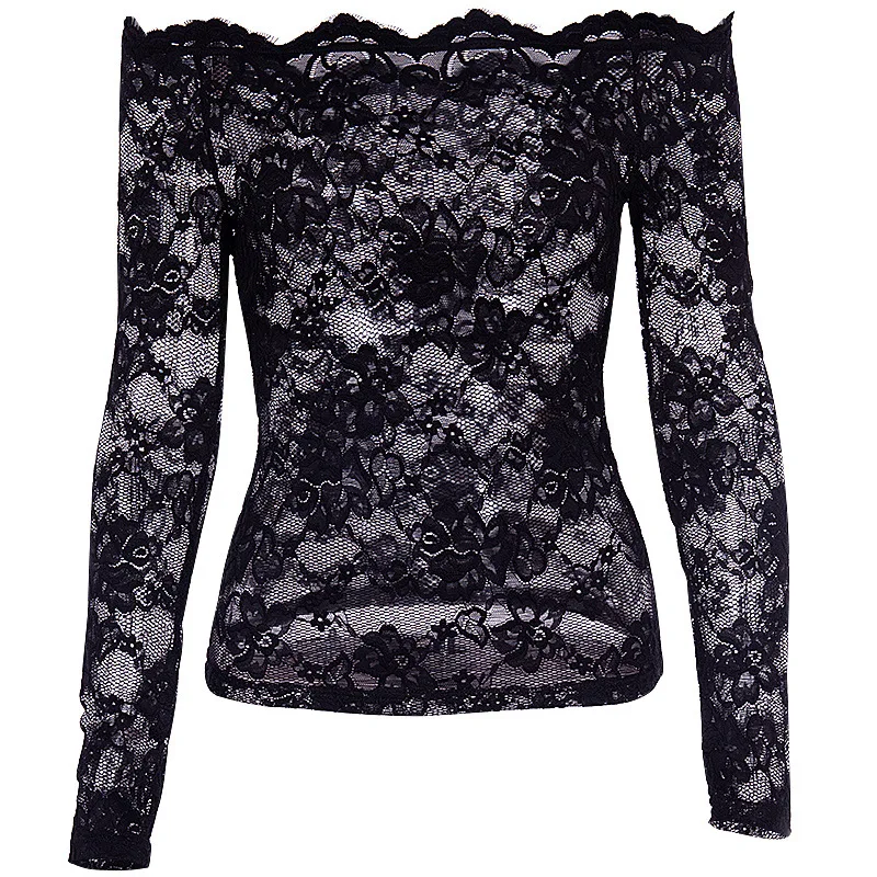 Pholeey Women Perspective Sexy Black Lace Bodycon Top Hollow Out Off Shoulder Long Sleeves Elegant Ladies Shirt Slash Neck Tops |