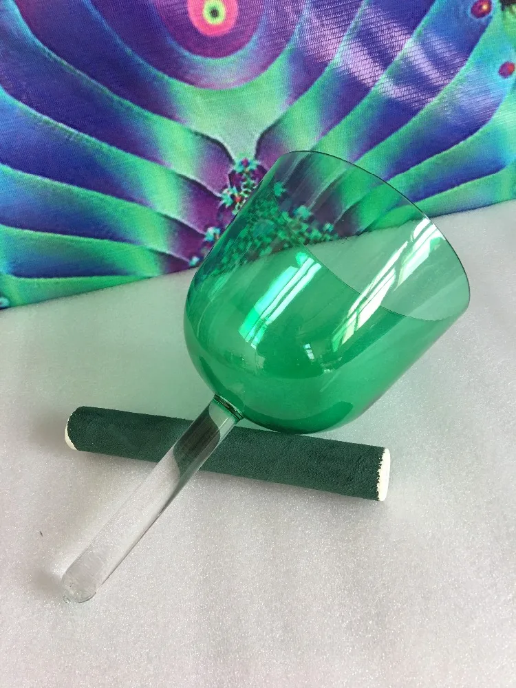 Green color crystal singing bowl handle perfect 4th octave F note heart chakras or F# thymus chakras or other any color