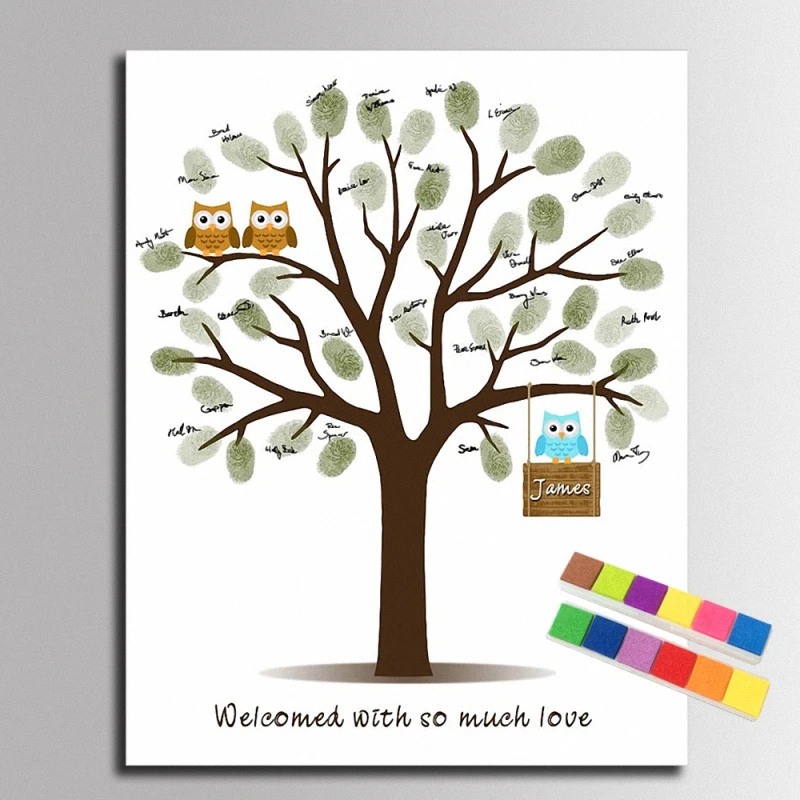 Счастливая семья сов DIY отпечаток пальца Подпись Холст Картина Гостевая книга