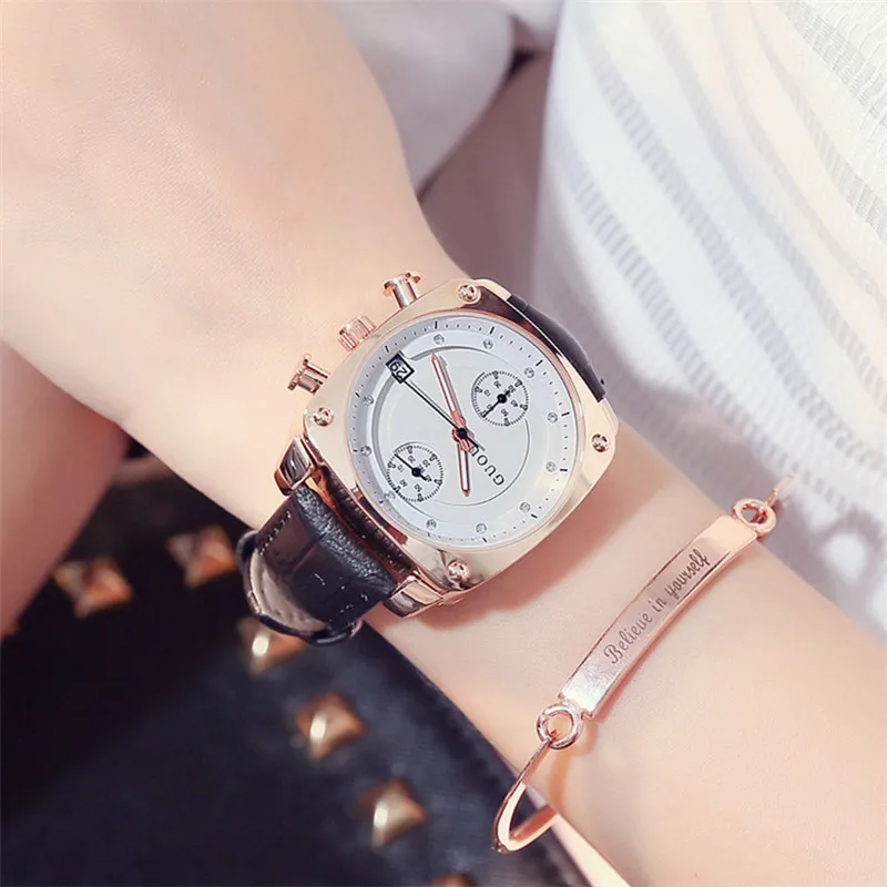 

Fashion Brand Lady Man Unsex Luxury Rose Gold Steel And Leather Dress Calendar Watch Square Dial Waterproof Clock Gift For Lover