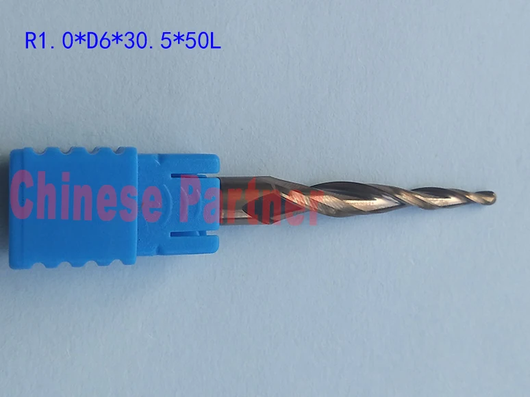 

1pc R1*D6*30.5*50L*2F HRC55 Golden Tungsten solid carbide Tapered Ball Nose End Mill cone milling cutter wood