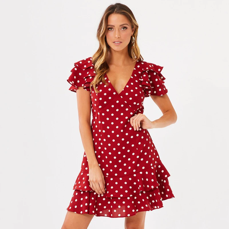 Многослойный рукав волан платье в горошек с принтом женское летнее модное