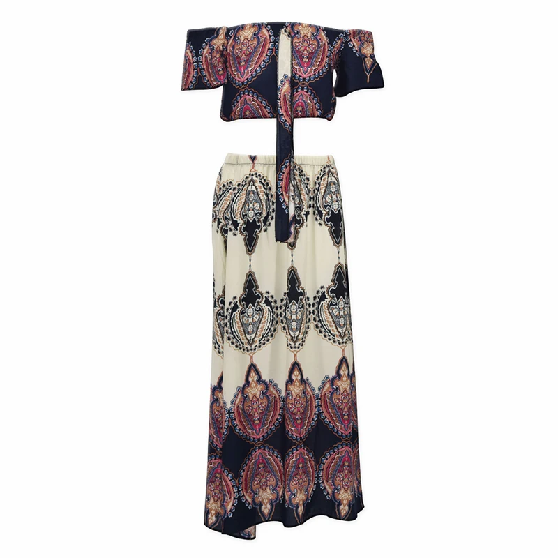 

Summer Boho Sexy Strapless Slash Neck Short Sleeve Crop Tops&Long Skirts Fashion Print Beach Maxi Skirt Suit Two Piece Set