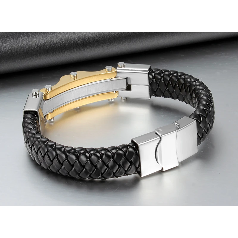 XUANPAI Gold-Color Stainless Steel Leather Bracelet With CZ Stone Male Retro Accessories Wia Bangles Jewelry 9&quot | Украшения и