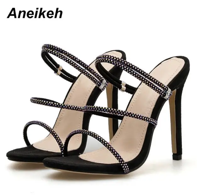 Black Aneikeh/ г. лаконичные тапочки на тонком высоком каблуке из PU искусственной кожи пикантные летние женские туфли-лодочки с открытым носком и тонким ремешком со стразами под платье черного цвета, размеры 35-40 - Цвет: Black