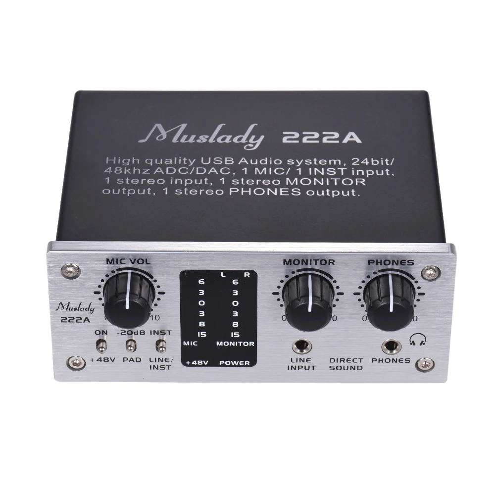 Muslady 222A 2-х канальный USB аудио Системы Интерфейс внешняя звуковая карта + 48V phantom