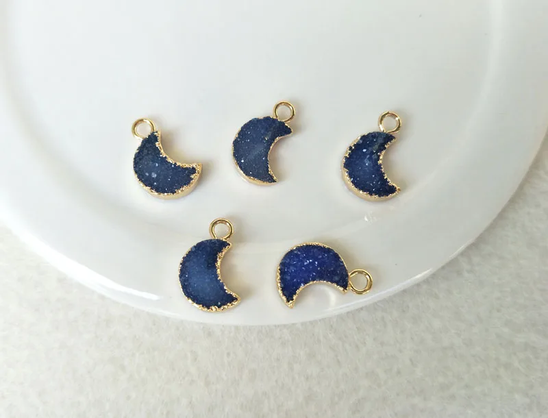 5 шт. 12 мм золотого цвета естественный кварцевый друзи подвеска бусины камень геод друзи полумесяц оберег Ювелирные изделия ожерелье браслет изготовление PD474.