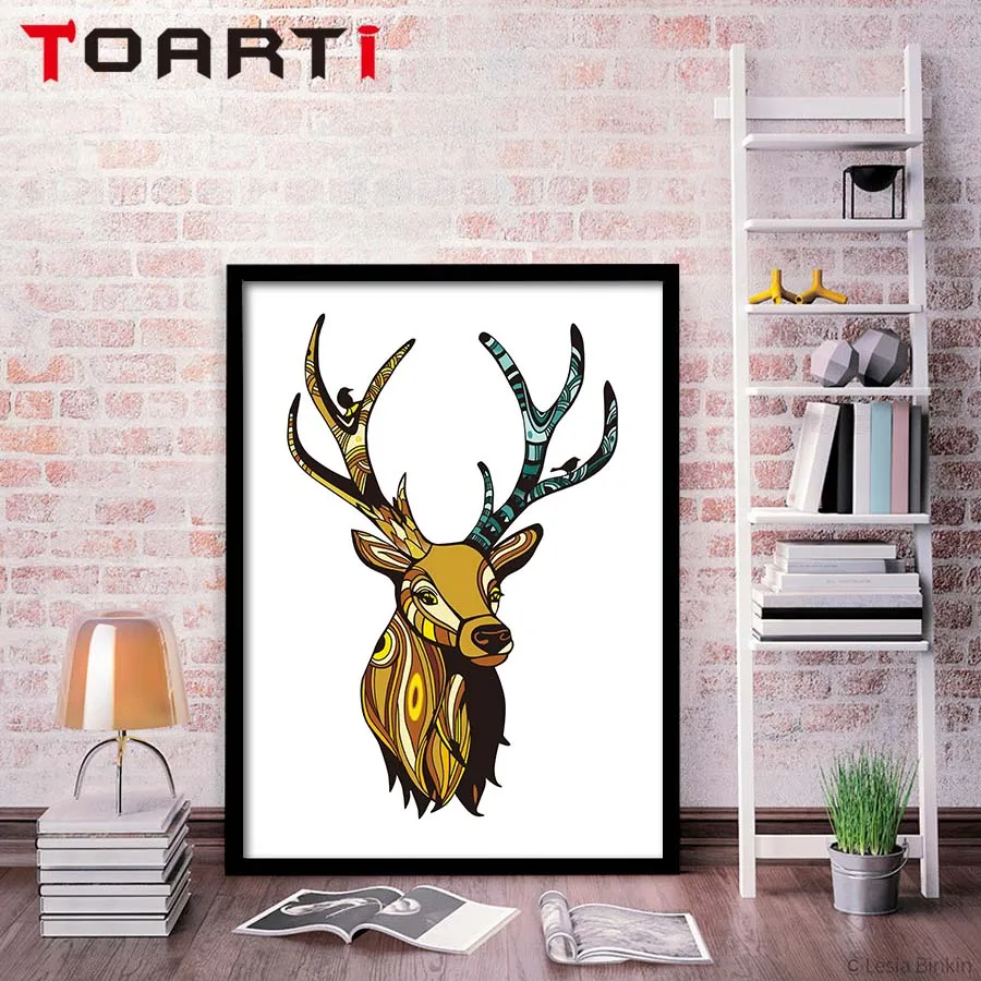 Современные винтажные рога с головой оленя животные А4 Холст Картина Большой