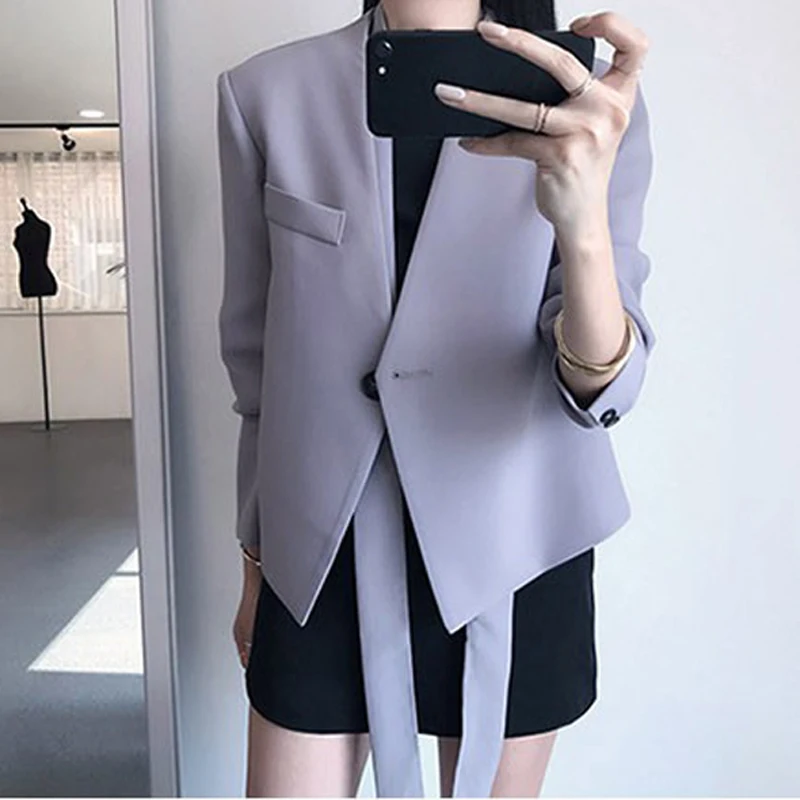 Мода одна кнопка v-образным вырезом короткие женские блейзеры шикарная лента