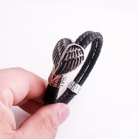 men punk stainless steel heart shaped black genuine leather bracelets punk wing clasp wrap bracelet