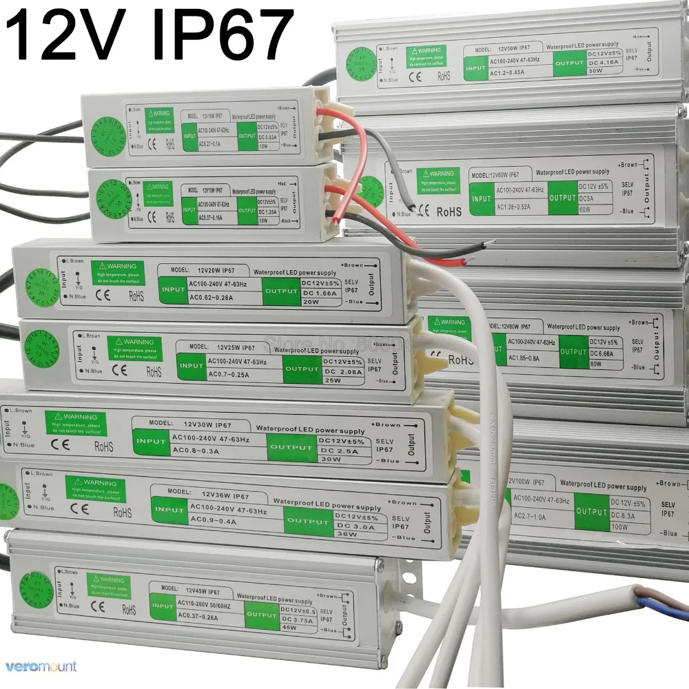 Светодиодный драйвер IP67 водонепроницаемый 12 в пост. Тока 10 Вт 15 20 25 30 36 45 50 60 80 100 120