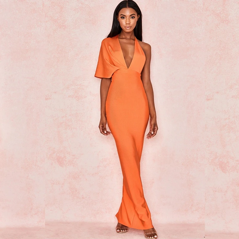 Женское длинное платье на одно плечо элегантное оранжевое облегающее вечернее