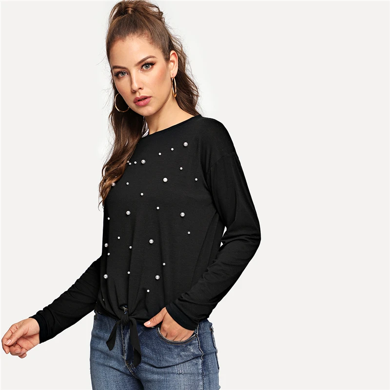 SHEIN Милая футболка с жемчугом и бантом спереди, черная Повседневная футболка для женщин, женские футболки с длинным рукавом и круглым вырезом