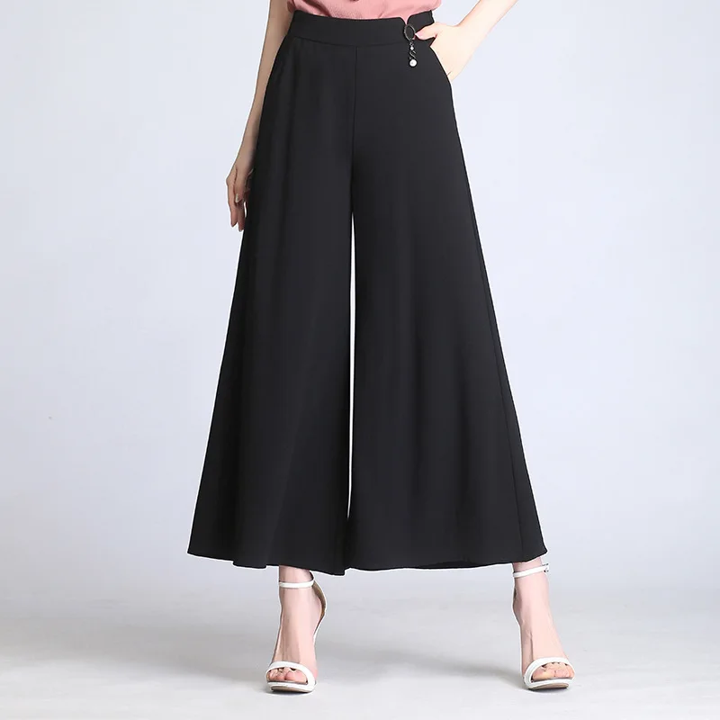 

black polyester Broad legged trousers fem me women beach boho office work casual pants skirts full length 2019 summer plus size