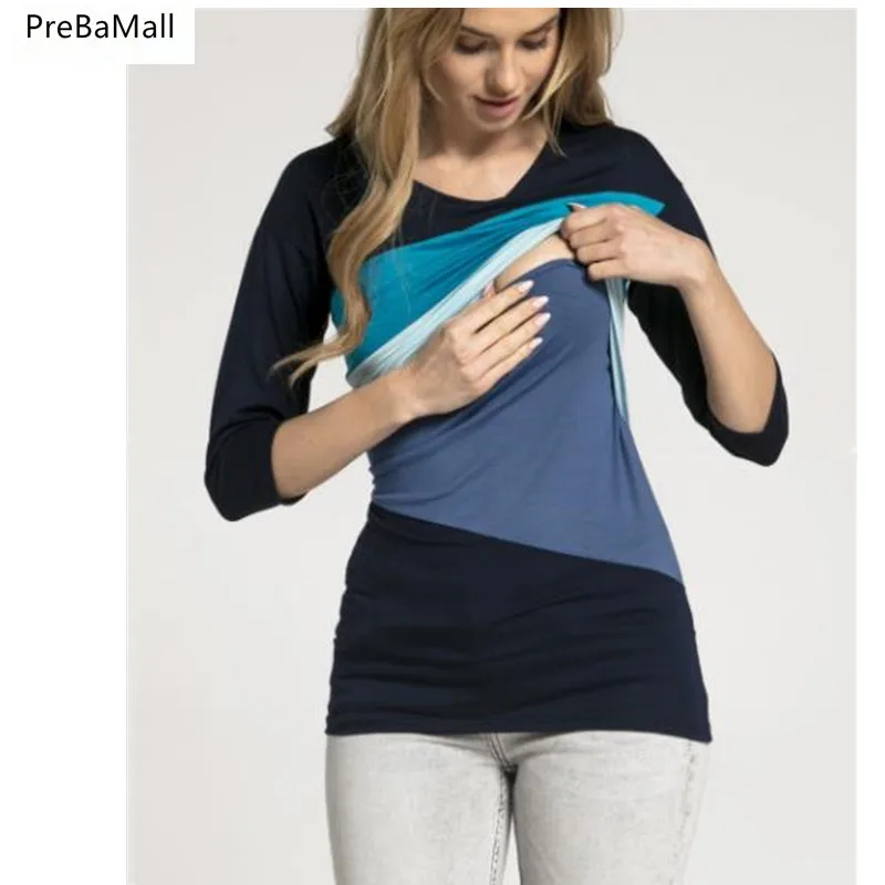 

Женские топы для кормящих матерей с рукавом три четверти, футболка для грудного вскармливания для беременных женщин, Лоскутная футболка дл...