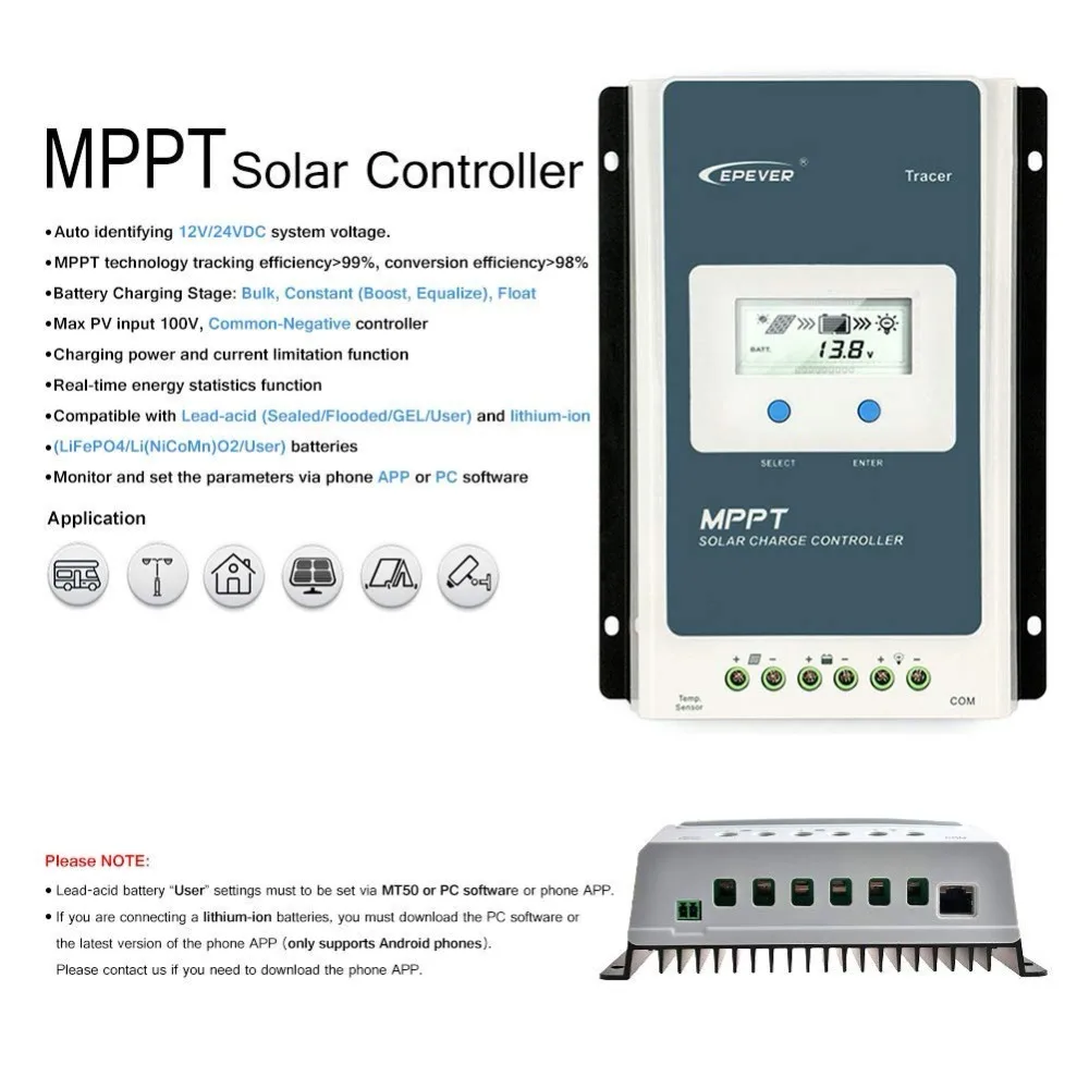 Epever TracerAN MPPT 40A Solar Charge Controller 12V 24V LCD Diaplay Solar Charge Regulator 4210AN With MT50 TS-R RS485 Ground