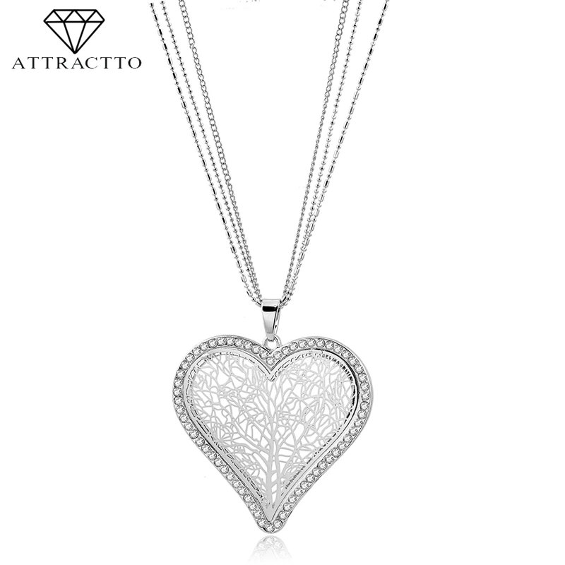Женское длинное ожерелье с подвесками на цепочке ATTRACTTO Серебряное сердце дерево