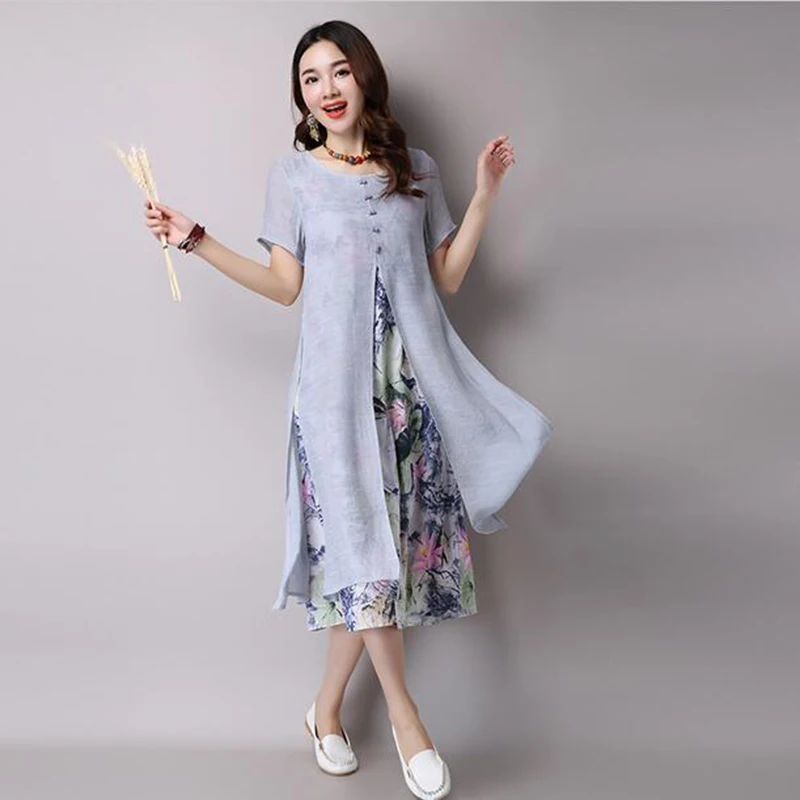 2017 женское винтажное платье с круглым вырезом и коротким рукавом Двухслойное