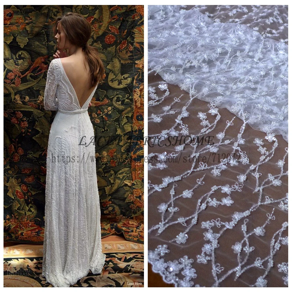 La Belleza Новая мода белый бисер свадебное платье кружево ткань 51 ''ширина|dress lace