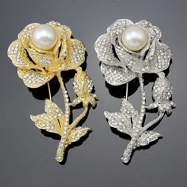 Романтический Роуз Цветочный Кристалл Броши Для Женщин Перл Свадебный Брошь