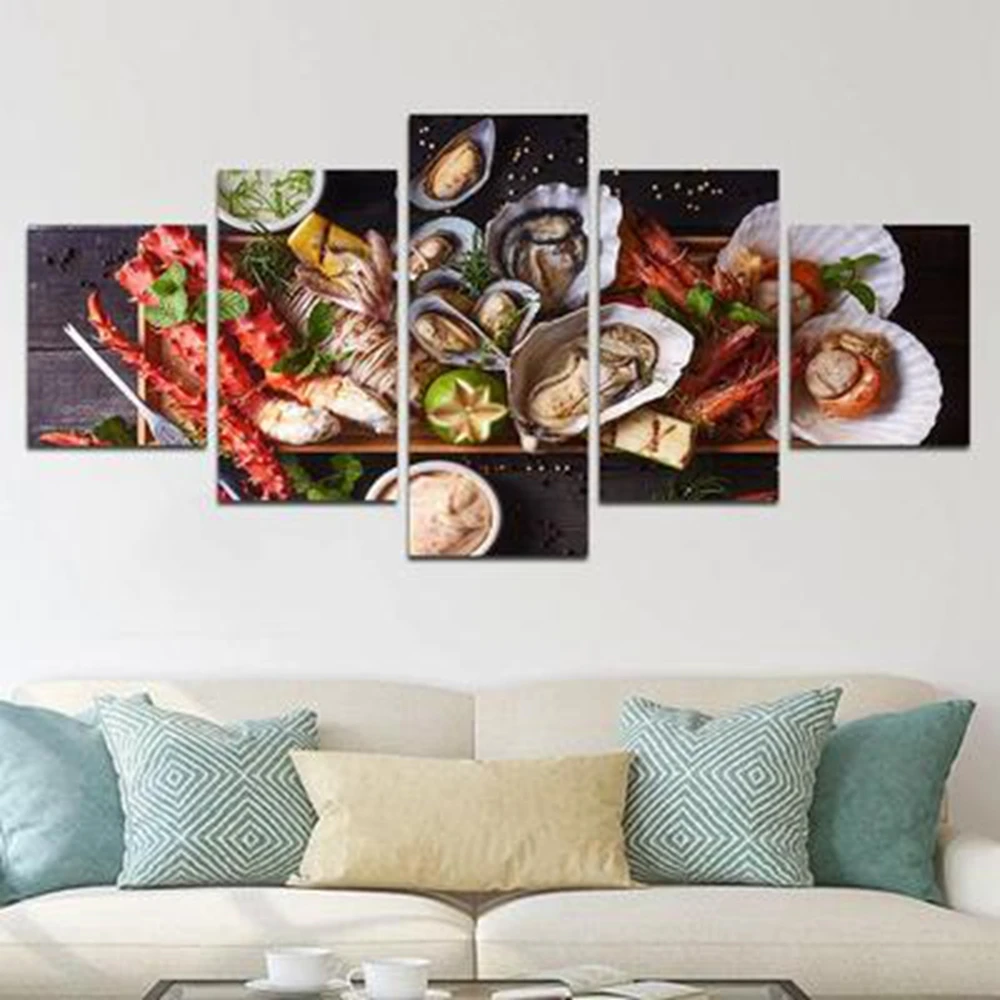 Морской Еда мил 5 штук свежей устрицы Омаров Wall Art модульные картинки для