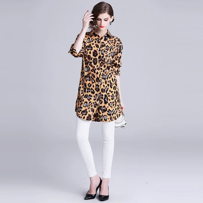 Женская блузка Willstage длинная свободная с леопардовым принтом длинным рукавом на