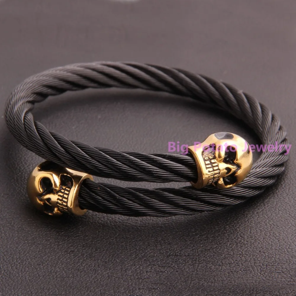 Top Hot Sell 316L Stainless Steel Black Wire Gold Skull Bracelet Bangle 55mm Inner 6mm Width Cool Mens Wrist Jewelry Low Price | Украшения