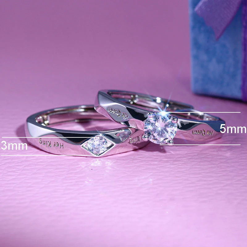 New Fashion Couple Rings Silver His Queen Her King Lover Ring Adjustable Wedding Band Crystal Jewelry Valentine's Day Gifts | Украшения