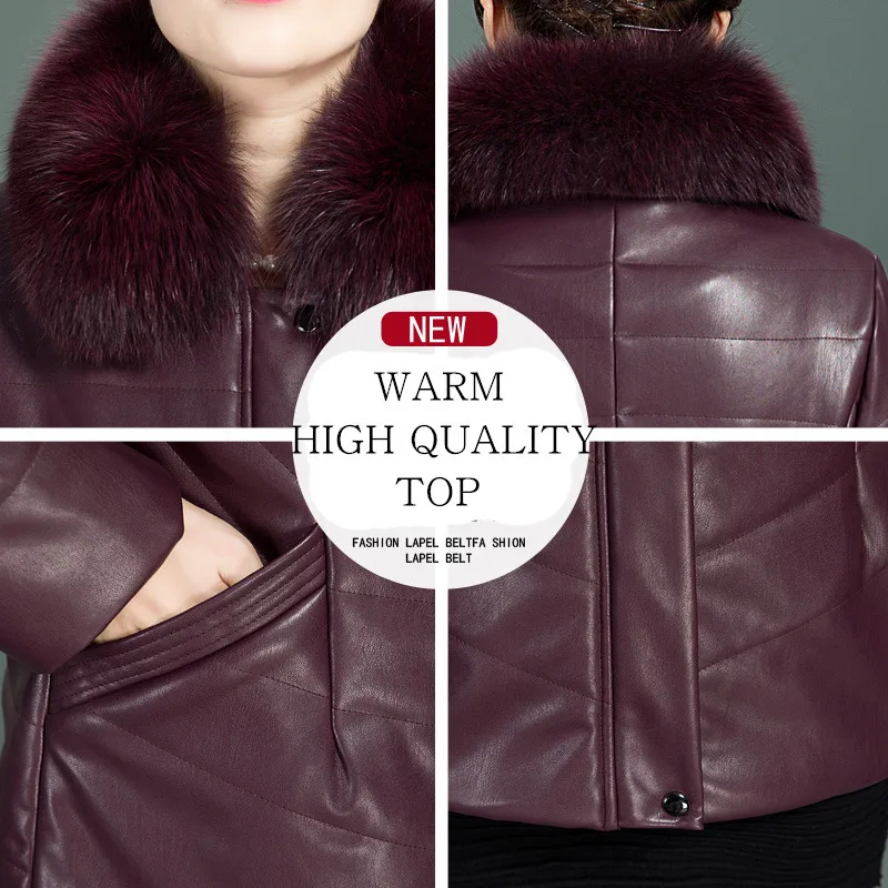 

2020 Fur Collar faux Leather Coat Women Clothes Thick Warm Waterproof Winter Down Jacket Plus Size Parka Female Outerwear Okd443