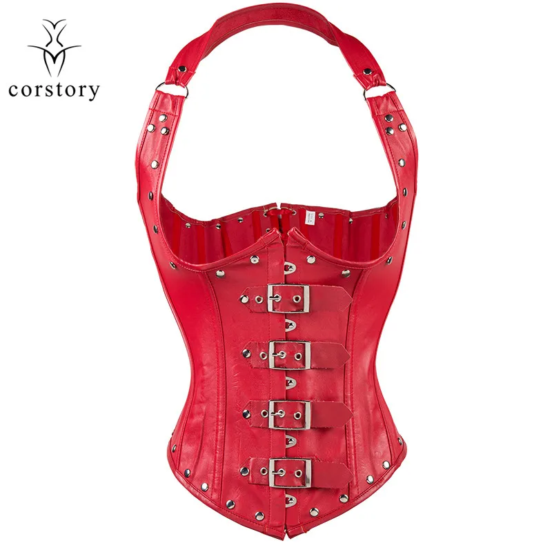 Red Корсеты и бюстье Corstory в стиле панк-рок из красной искусственной кожи на бретельках со стальными косточками в стиле стимпанк - Цвет: Red