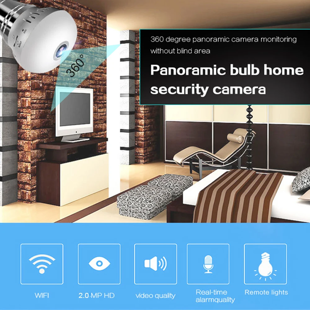 1080P 360 градусов WiFi IP панорамная камера лампа Рыбий глаз объектив Мини 2.0MP HD