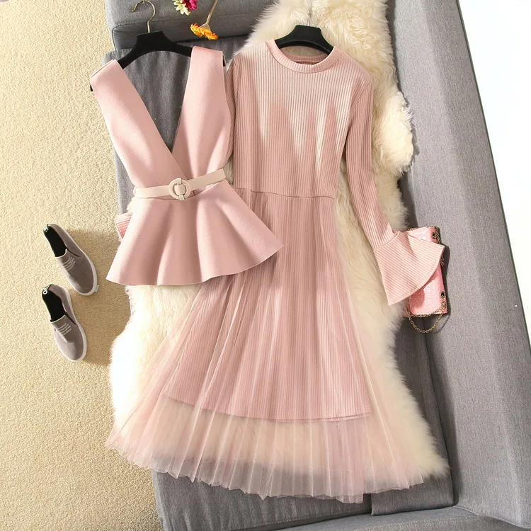 Платье женское розовое бежевое с рукавом до колена 2019|Женские платья| |