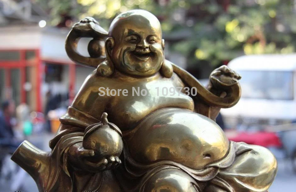 bir 002076 Chinese Folk Copper Bronze Gild Lucky Wealth Maitreya Rohan Monk Buddha Statue | Дом и сад