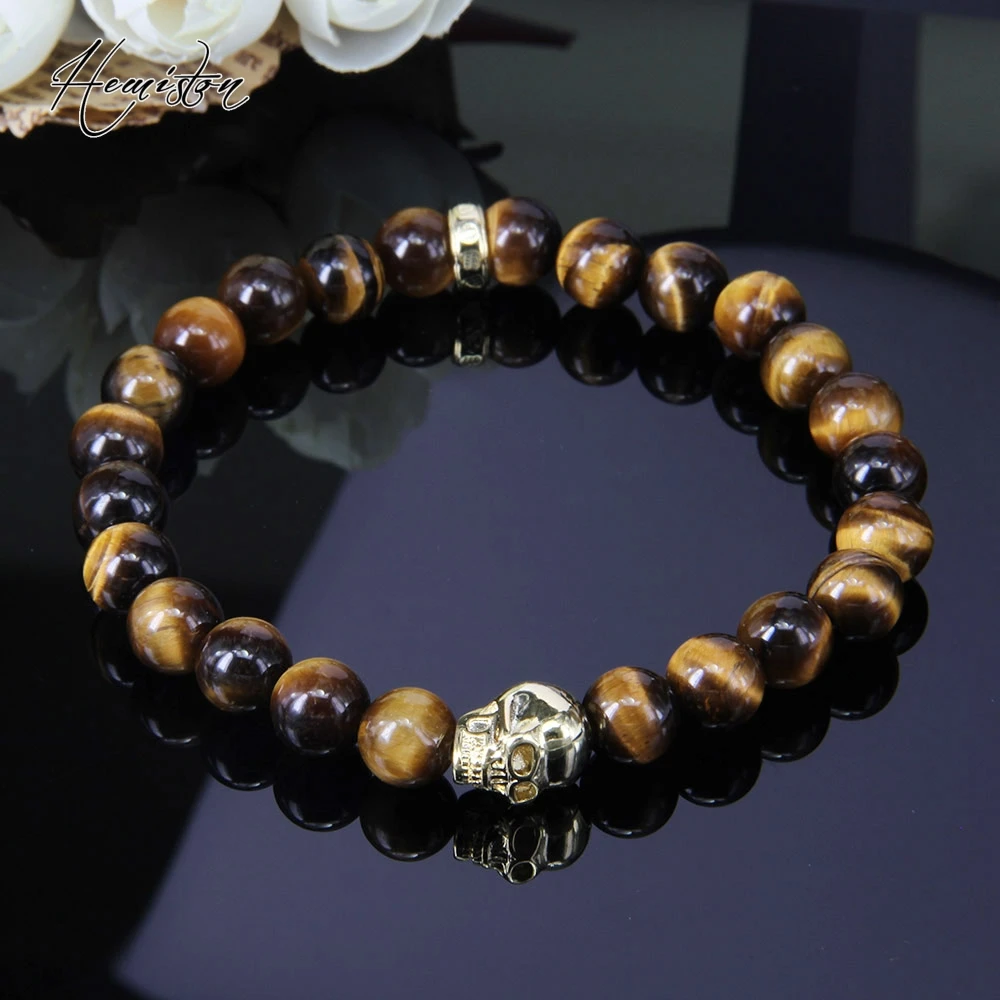 Эластичный браслет Thomas GOLD SKULL AND TIGER'S EYE с бусинами украшения для мужчин