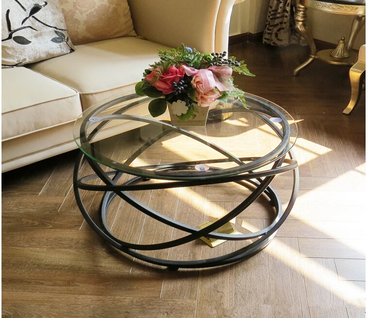 Чайный столик из закаленного стекла. Креативный круглый стол кованого железа.|glass