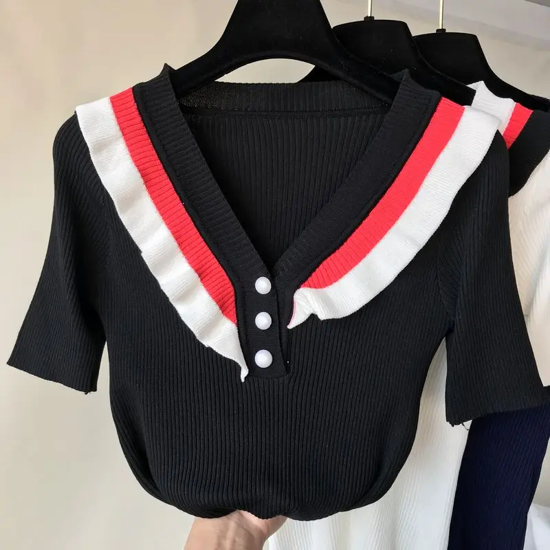 Amolapha Women V neck Button Knitted Short Sleeve Sweater Pullovers Ruffles Knit Jumper Tops Tees | Женская одежда