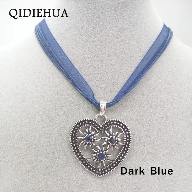 QIDIEHUA Мода серебро Edelweiss Сердце ожерелье кулон для женщин Октоберфест подвеска-Шарм с искусственным бриллиантом ювелирные изделия из веревки - Окраска металла: dark blue