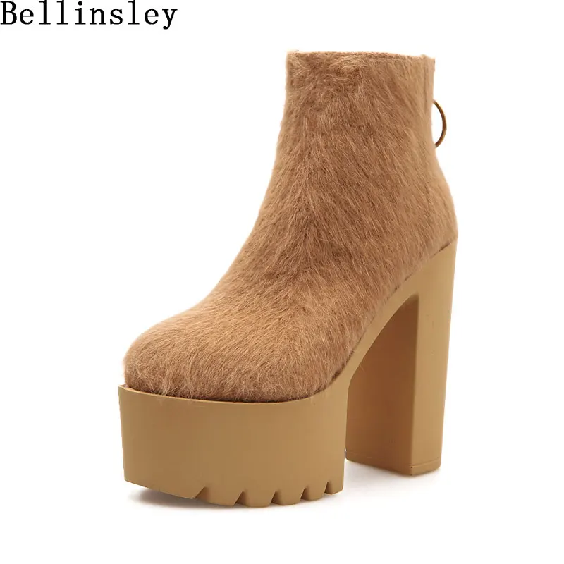 Bellinsley модные коричневые ботильоны для Для женщин На высоких толстых каблуках 2018