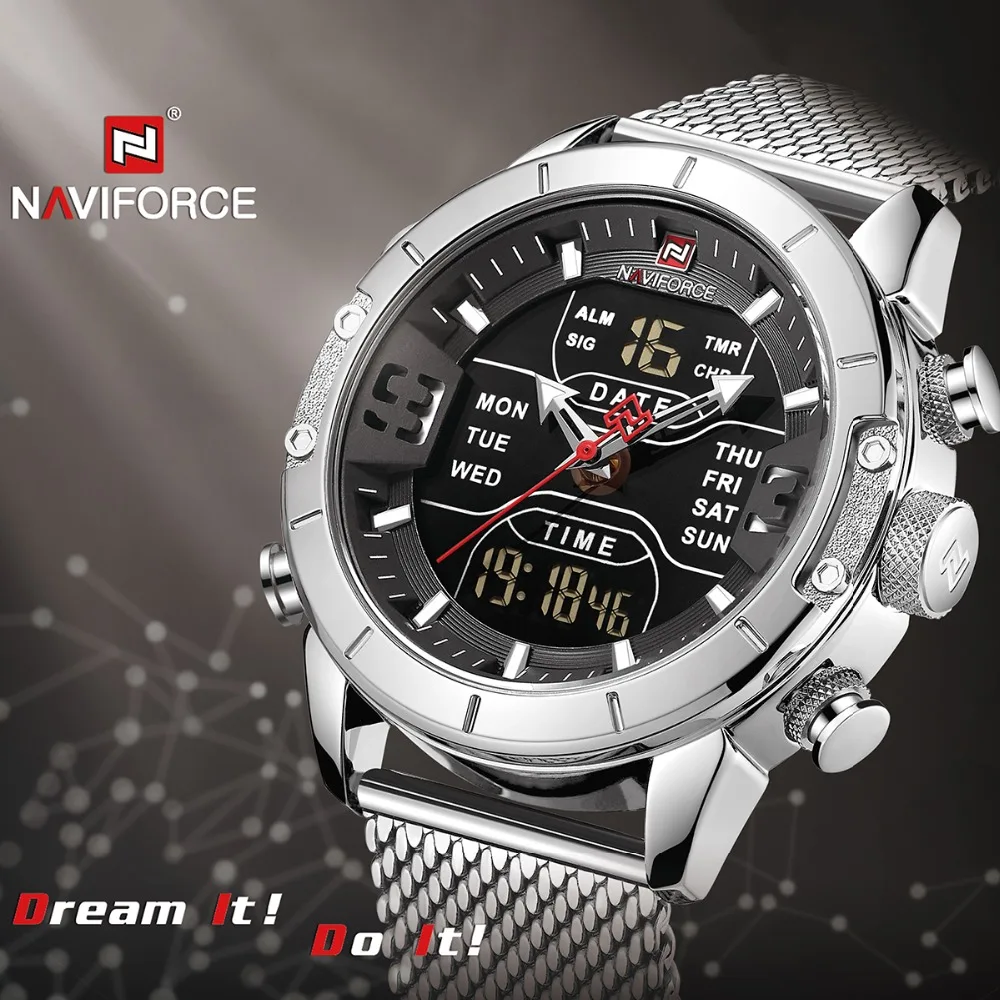 NAVIFORCE мужские часы Топ бренд класса люкс сетка сталь несколько часовых поясов