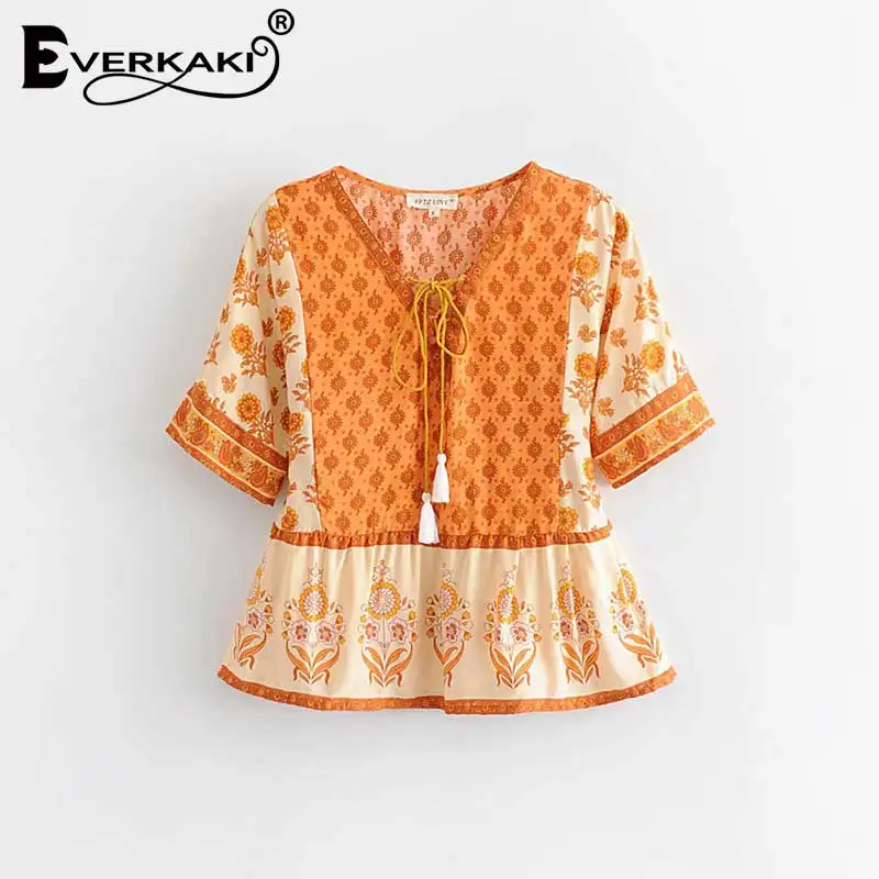Orange Everkaki Boho блузка с бахромой, женские рубашки с поясом, v-образный вырез, короткий рукав, богемный Топ, женские блузки, лето-осень - Цвет: Orange